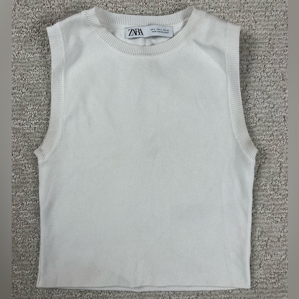 Zara White Ribbed Cropped Tank Top